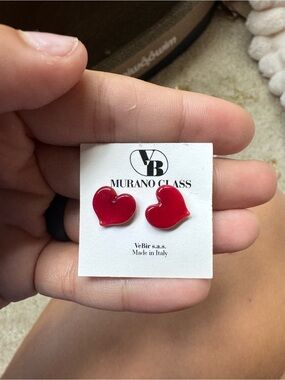 NWT Murano Glass Red Heart Stud Earrings - Made in Italy - Nickel Free